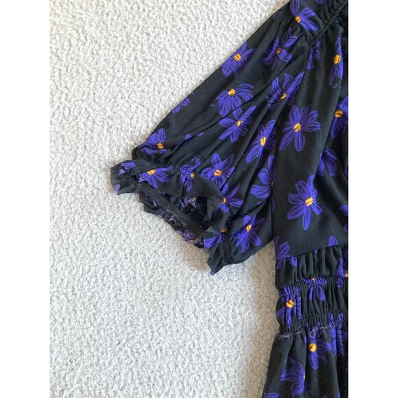 Ava & Viv Top 2X Floral V-Neck Stretch Short Sleeve Flare Blue Black Blouse - Picture 3 of 16